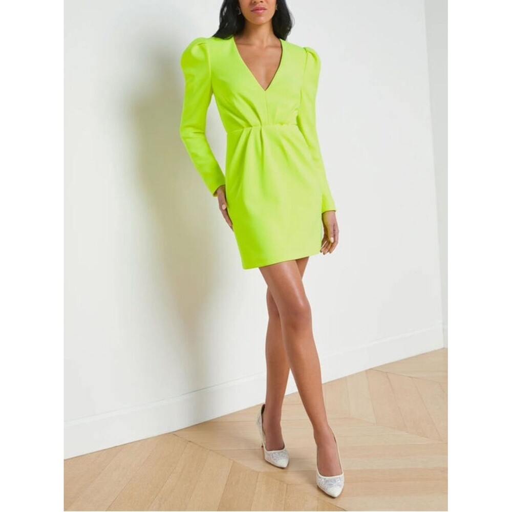 L’AGENCE Neon Green Chartreuse Puff Sleeve Mini Dress Size 8